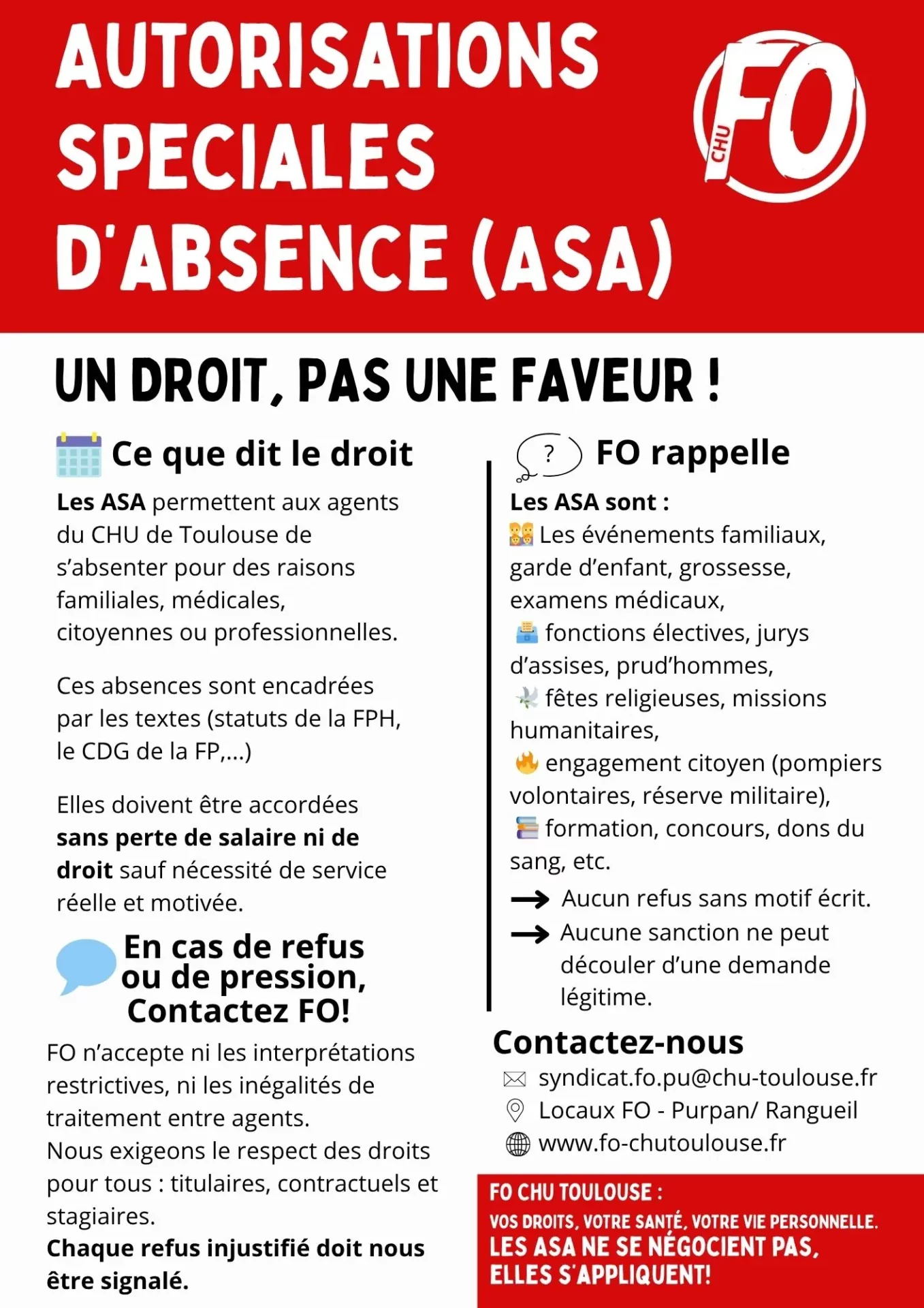 Autorisations spéciales d’absence (ASA) – un droit, pas une faveur – FO CHU Toulouse