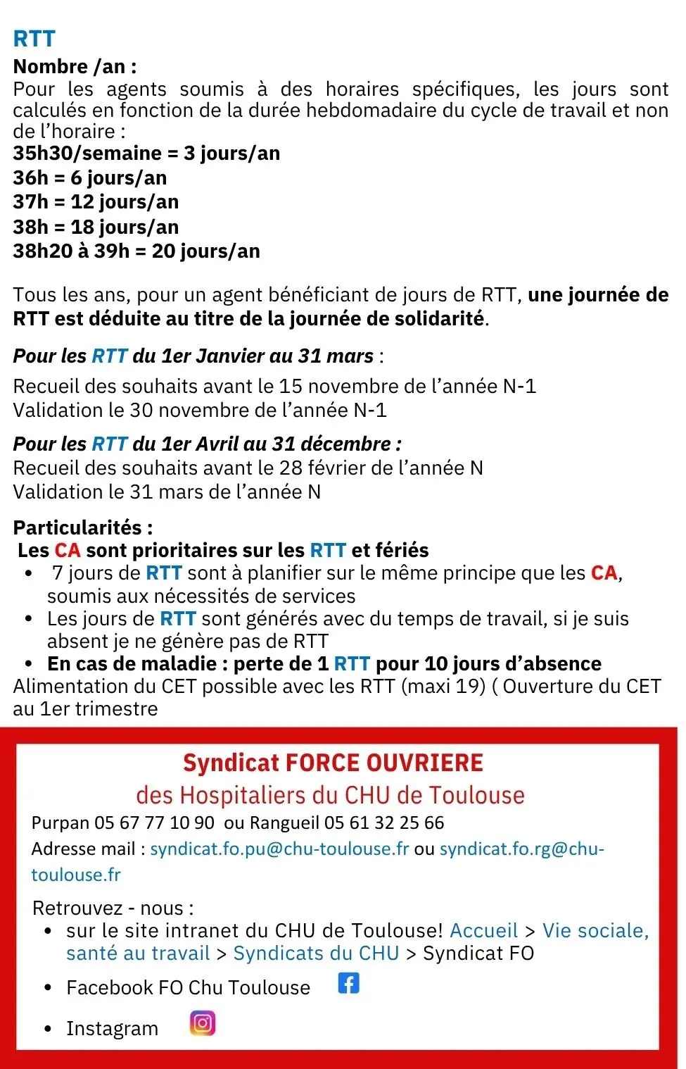 Réductions du temps de travail – FO CHU Toulouse Fiche FO CHU Toulouse sur les réductions du temps de travail (RTT)